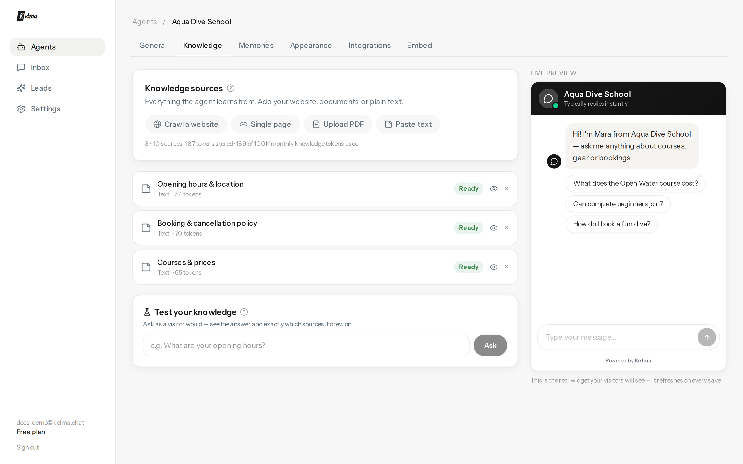The Knowledge tab with sources, auto-sync and the tester