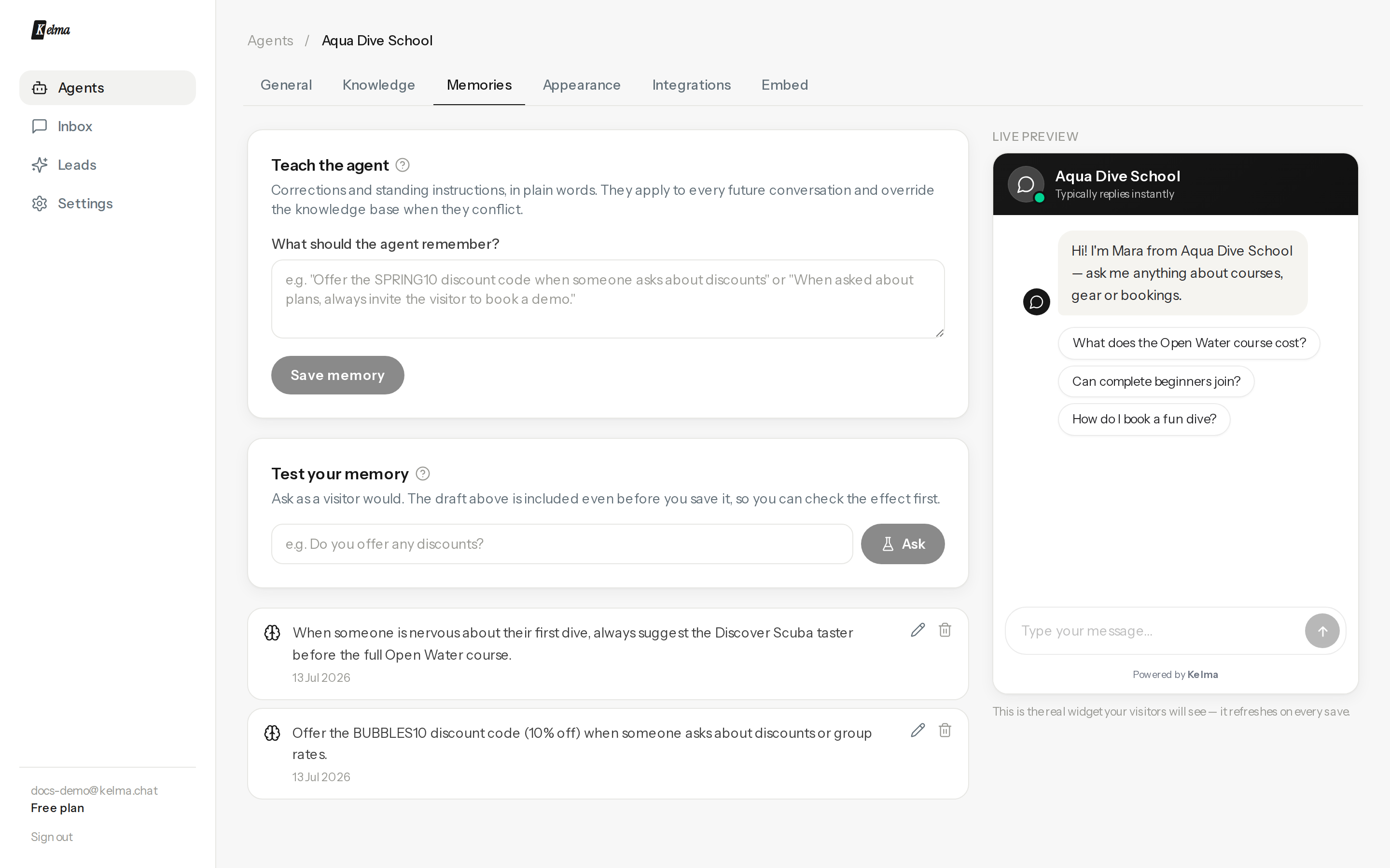 The Memories tab: teach, test, and manage